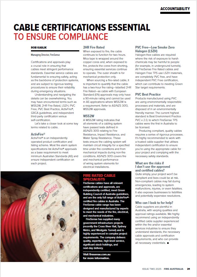 Fire Australia Ed2 2025 Article - Cable Certifications